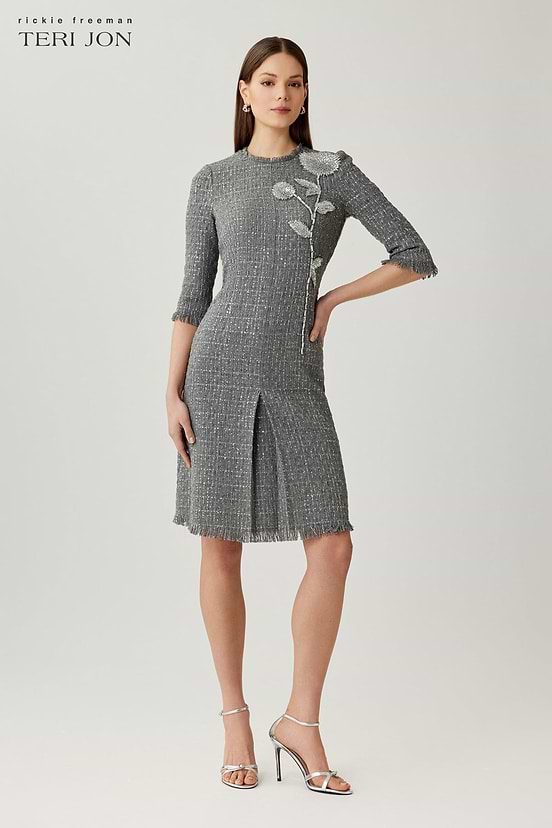 thurley tweed pleated dress Black Thurley dress with gold studs, featuring a