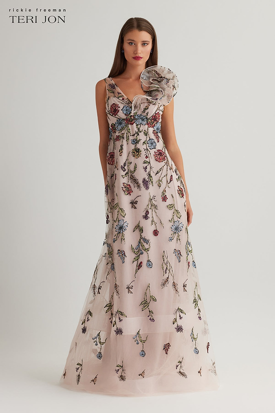 navy embroidered dress Overlay Gown With 3D Embroidered Florals – Terijon.com