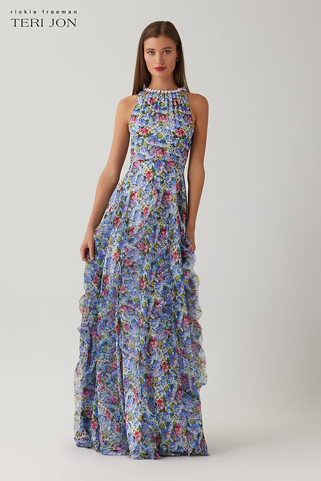 Chiffon Cloud Print Mock Neck Halter Drop Waist Gown