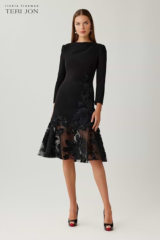 teri jon midi dress Teri Jon by Rickie Freeman Women's Taffeta Cocktail Midi-Shirtdress - Navy