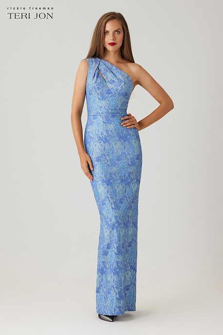 Chiffon Cloud Print Mock Neck Halter Drop Waist Gown