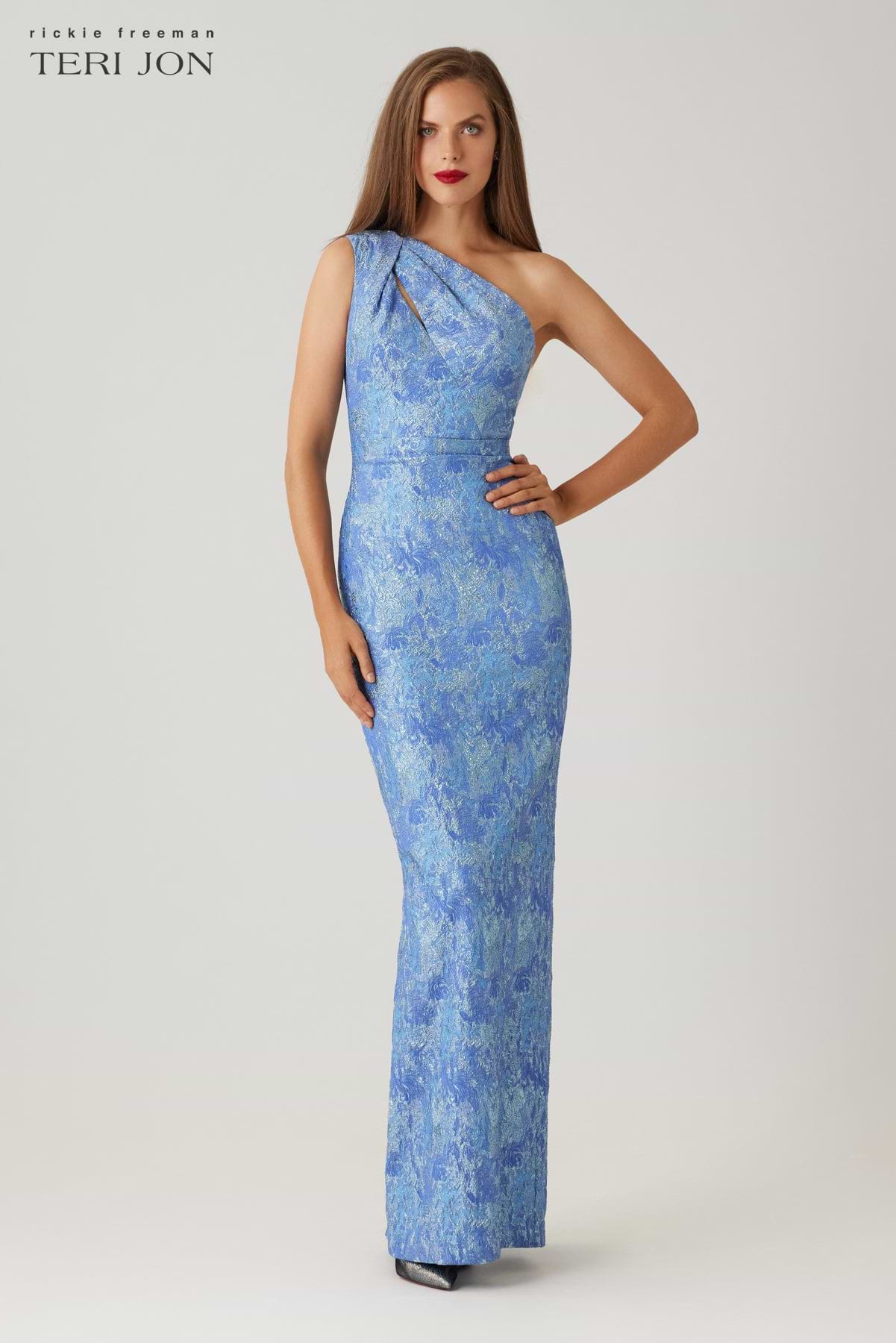 Chiffon Cloud Print Mock Neck Halter Drop Waist Gown