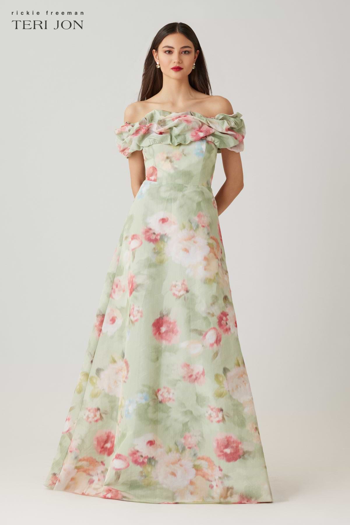 Floral Embroidered Tulle One Shoulder Gown