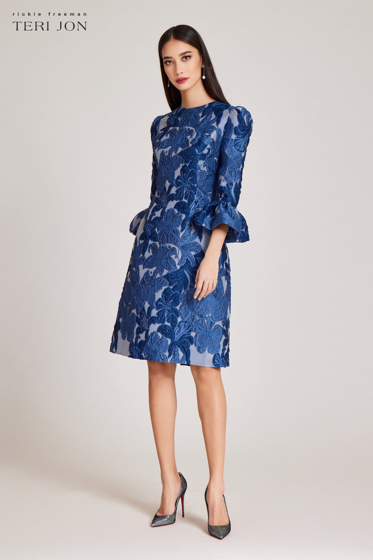 Jacquard Elbow Sleeve Fit And Flare Dress