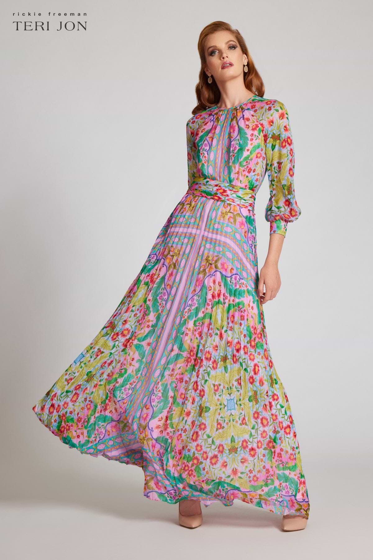 teri jon by rickie freeman long sleeve pleated maxi dress Patchwork Printed Chiffon Pleated Gown – Terijon.com