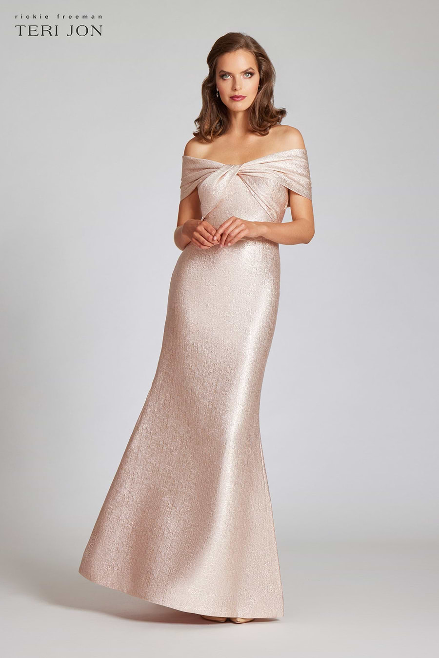teri jon evening dresses Metallic Jacquard Twist Bodice Off The Shoulder Gown