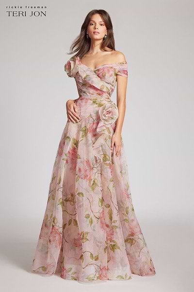 strapless open back dress Teri Jon Stretch Gazar 3D Flower Trim Cocktail Dress 239224