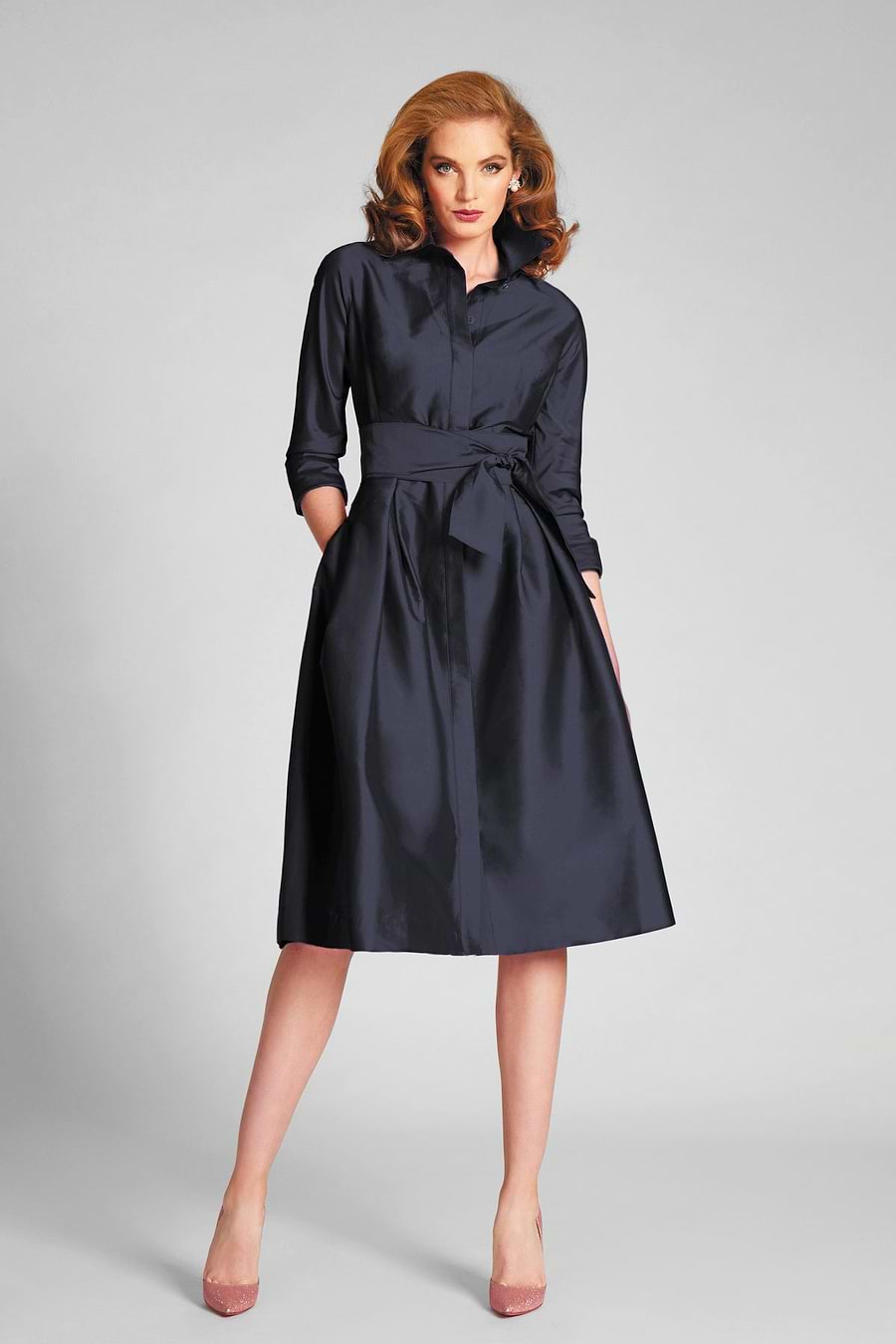 3/4 Sleeve Belted Taffeta Shirt Dress 3/4 Sleeve Belted Taffeta Shirt Dress
