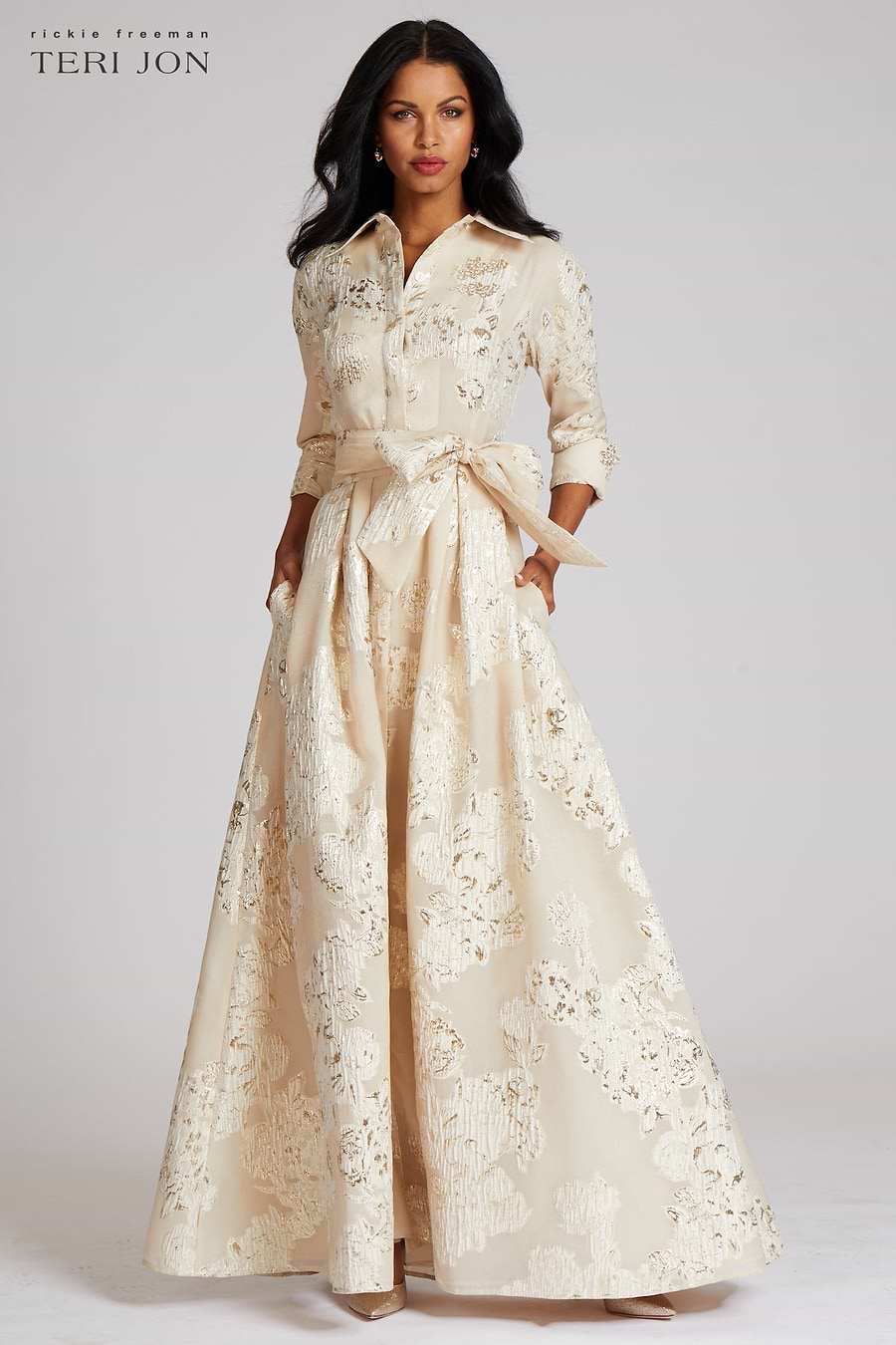 teri jon by rickie freeman metallic jacquard shirt dress gown Rickie Freeman for Teri Jon Metallic Floral Jacquard Shirt Gown
