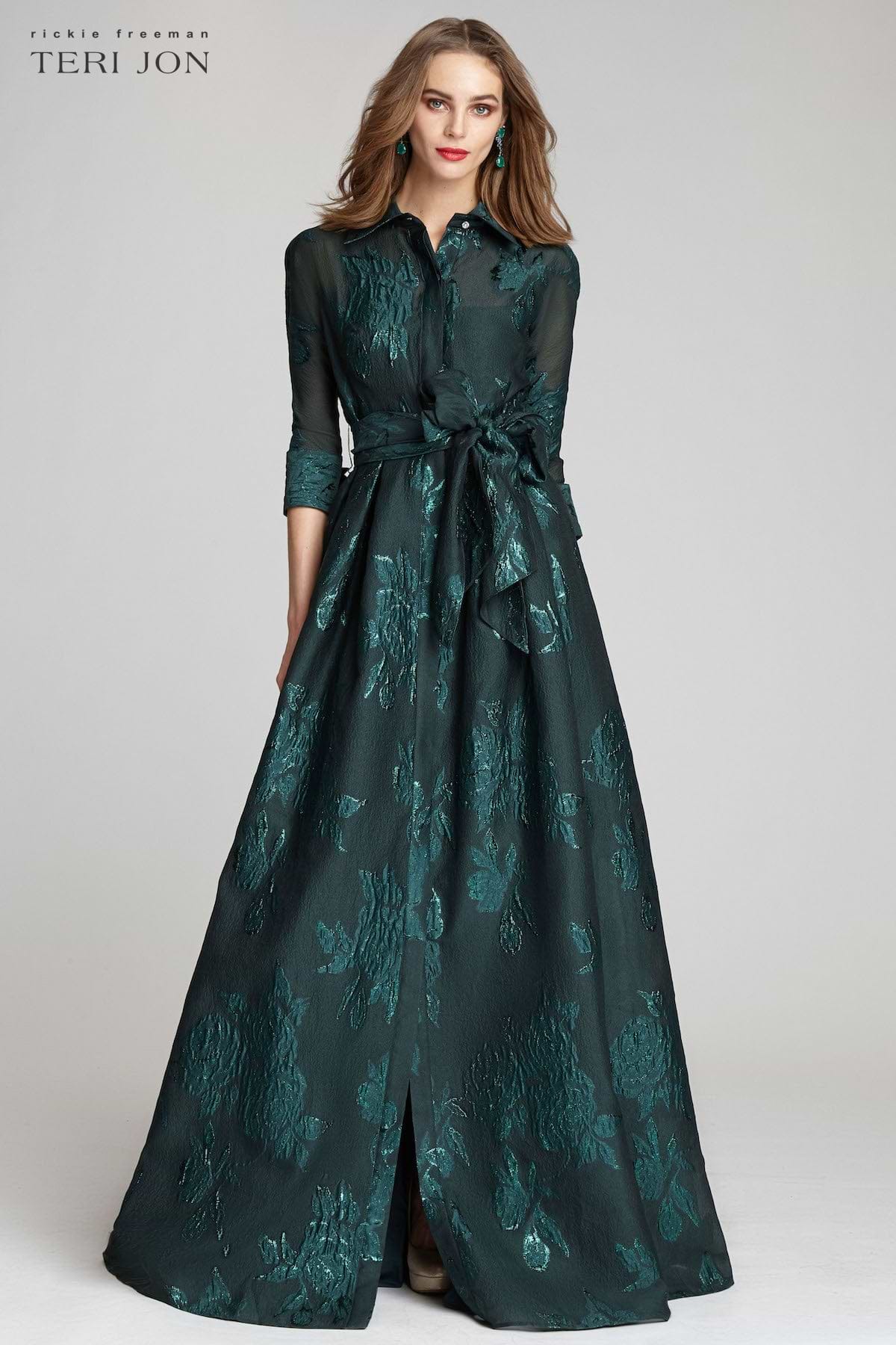 Teri Jon Metallic Jacquard Shirt Dress Gown - Emerald - 14 Teri Jon Metallic Jacquard Shirt Dress Gown - Emerald - 14