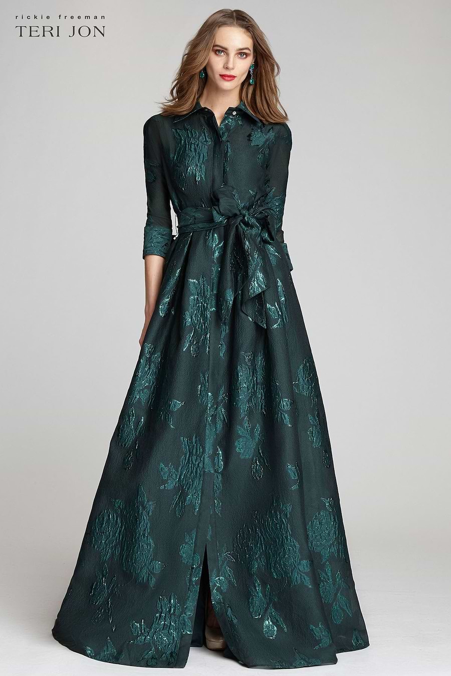 Metallic Jacquard Shirtdress Gown with Floral Print | Teri Jon  Terijon.com