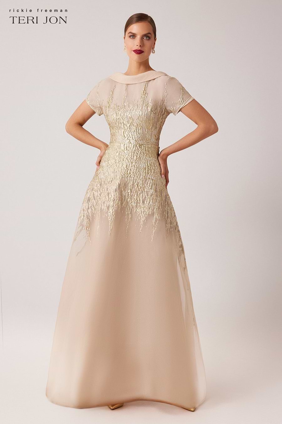 Roll Neck Metallic Organza Jacquard Gown Roll Neck Metallic Organza Jacquard Gown