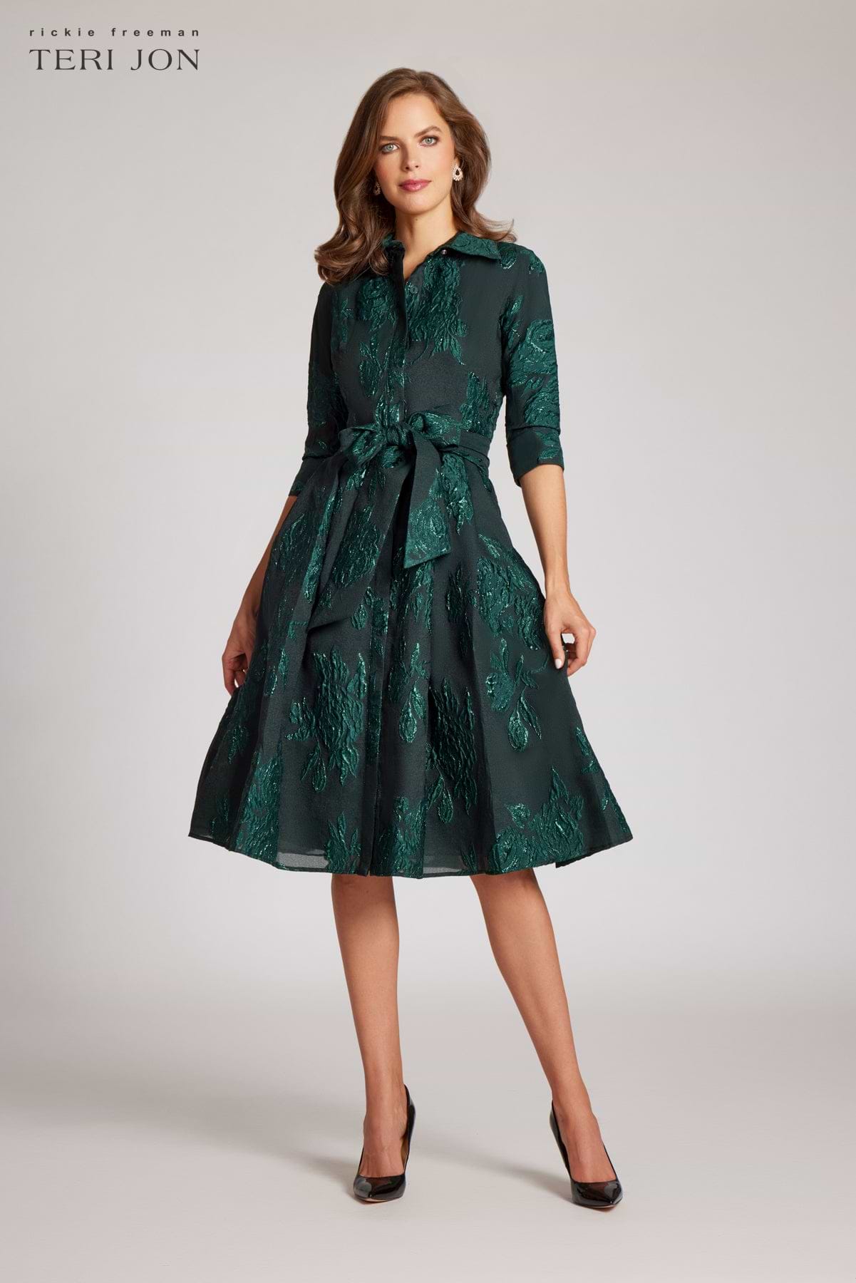 Metallic Jacquard Shirtdress with Floral Print