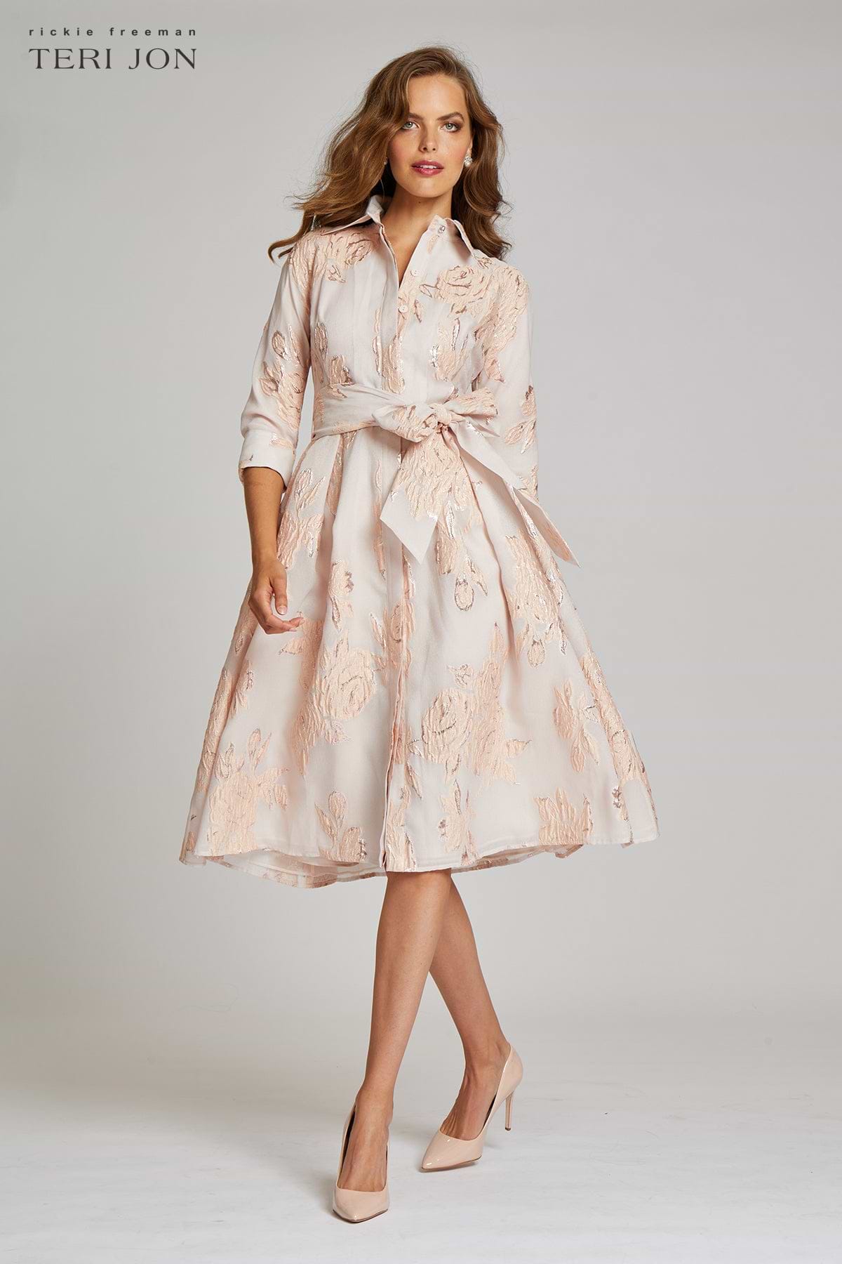 Teri Jon Metallic Jacquard Shirt Dress with Floral Print Size 18