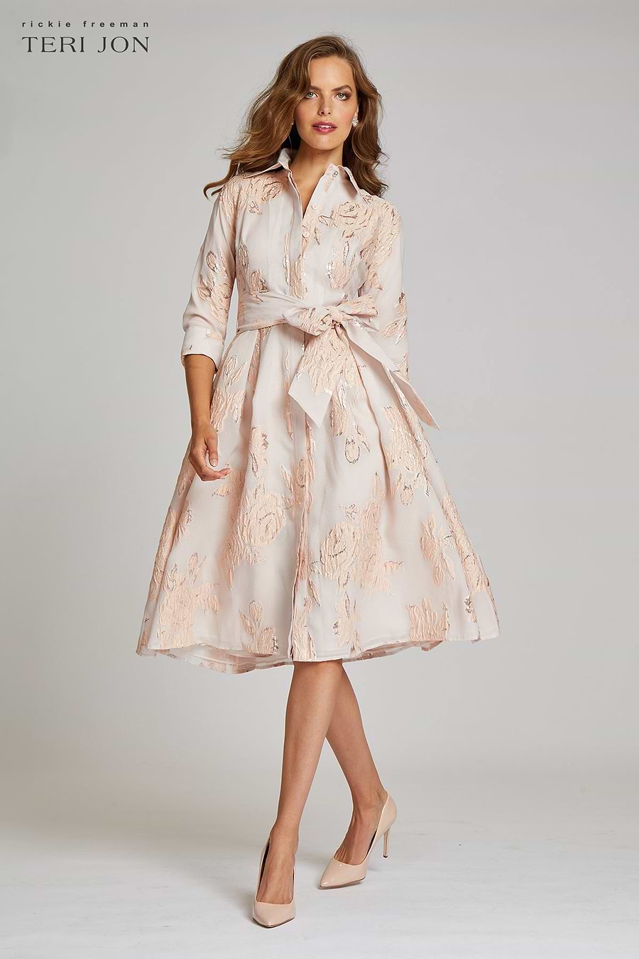 Teri Jon Metallic Jacquard Shirt Dress with Floral Print Size 18 Teri Jon Metallic Jacquard Shirt Dress with Floral Print Size 18