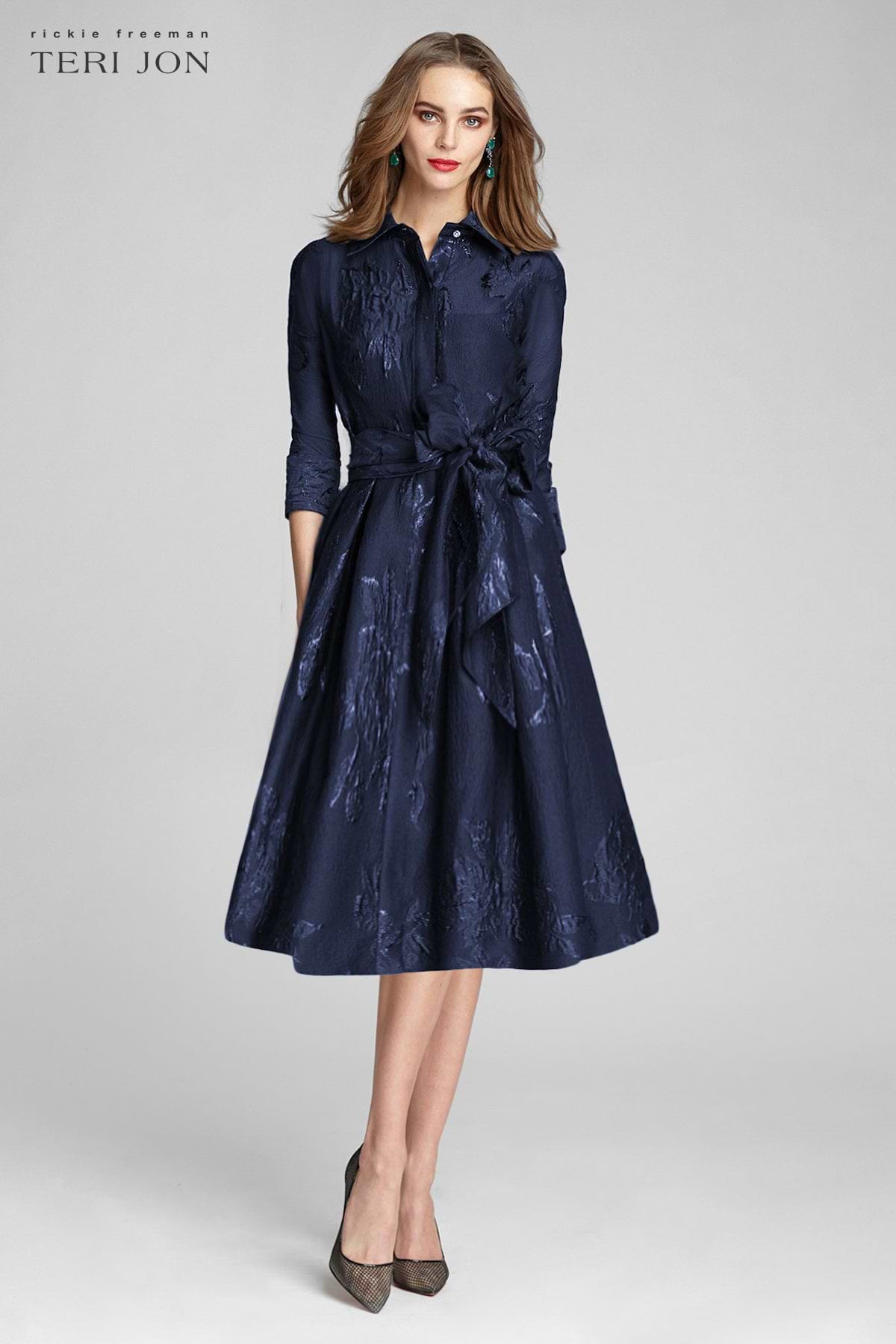 Teri Jon Navy Metallic Jacquard Shirtdress with Floral Print Size 6 Teri Jon Navy Metallic Jacquard Shirtdress with Floral Print Size 6