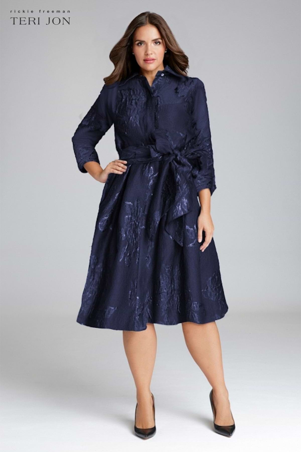 Teri Jon Navy Metallic Jacquard Shirtdress with Floral Print Size 8