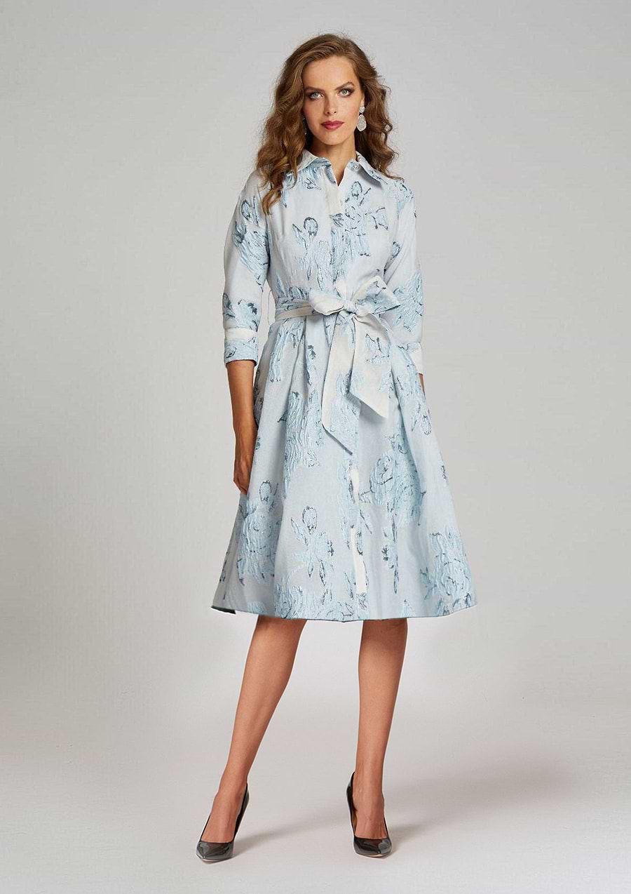 Teri Jon Metallic Jacquard Shirt Dress with Floral Print Size 2