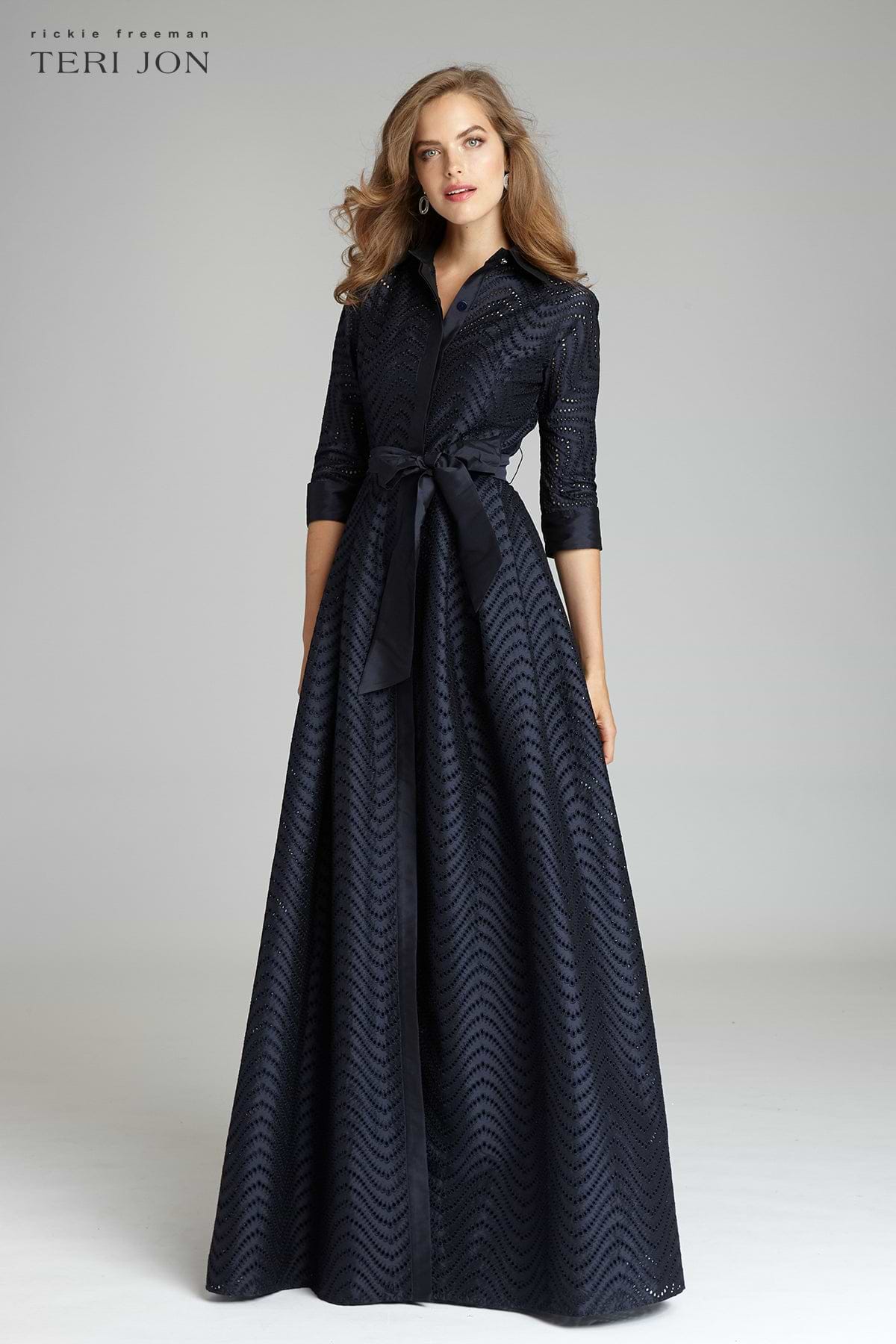 Teri Jon Taffeta Chevron Eyelet Shirt Waist Gown Size 2