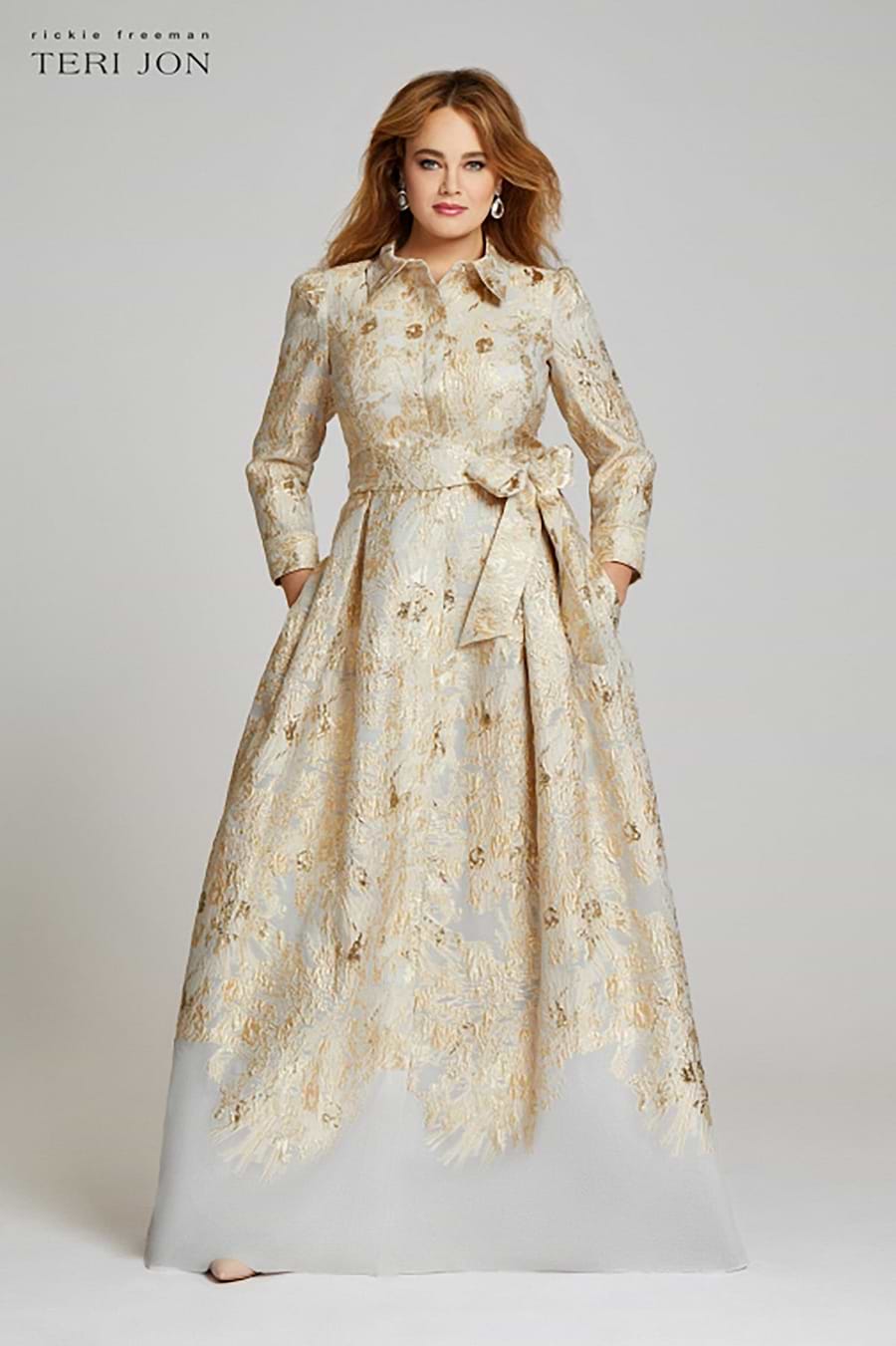 Rickie Freeman For Teri Jon Metallic Brocade Shirtdress Gown - Gold Rickie Freeman For Teri Jon Metallic Brocade Shirtdress Gown - Gold