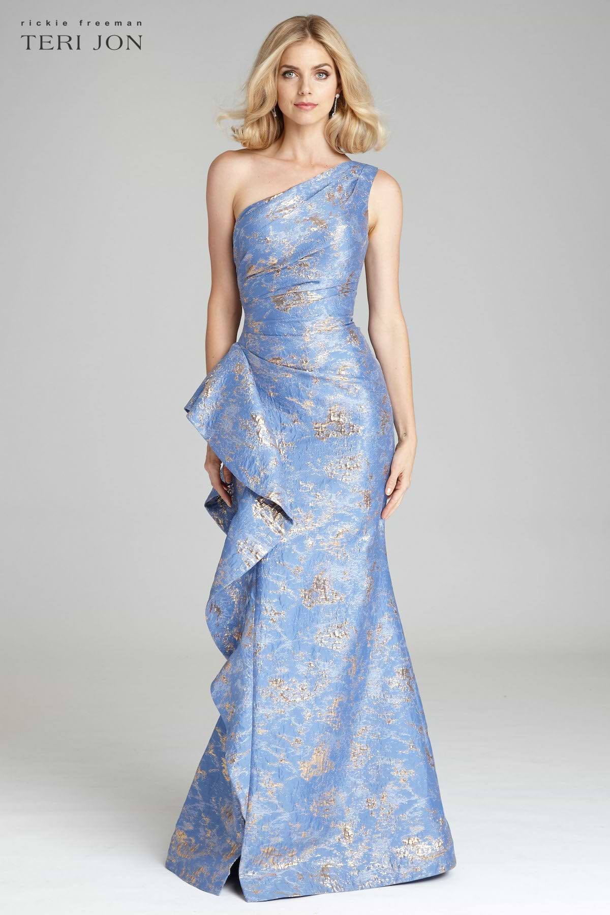 Jacquard One Shoulder Side-Ruffle Gown | Teri Jon  Terijon.com