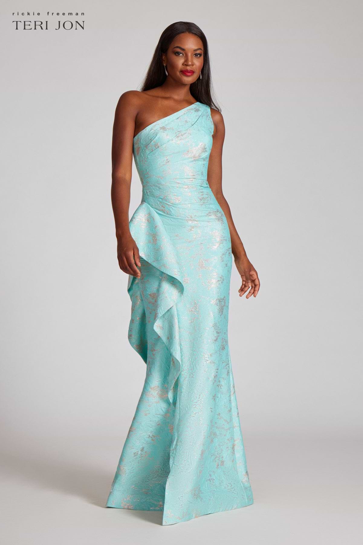 Jacquard One Shoulder Side-Ruffle Gown | Teri Jon Terijon.com Jacquard One Shoulder Side-Ruffle Gown | Teri Jon Terijon.com