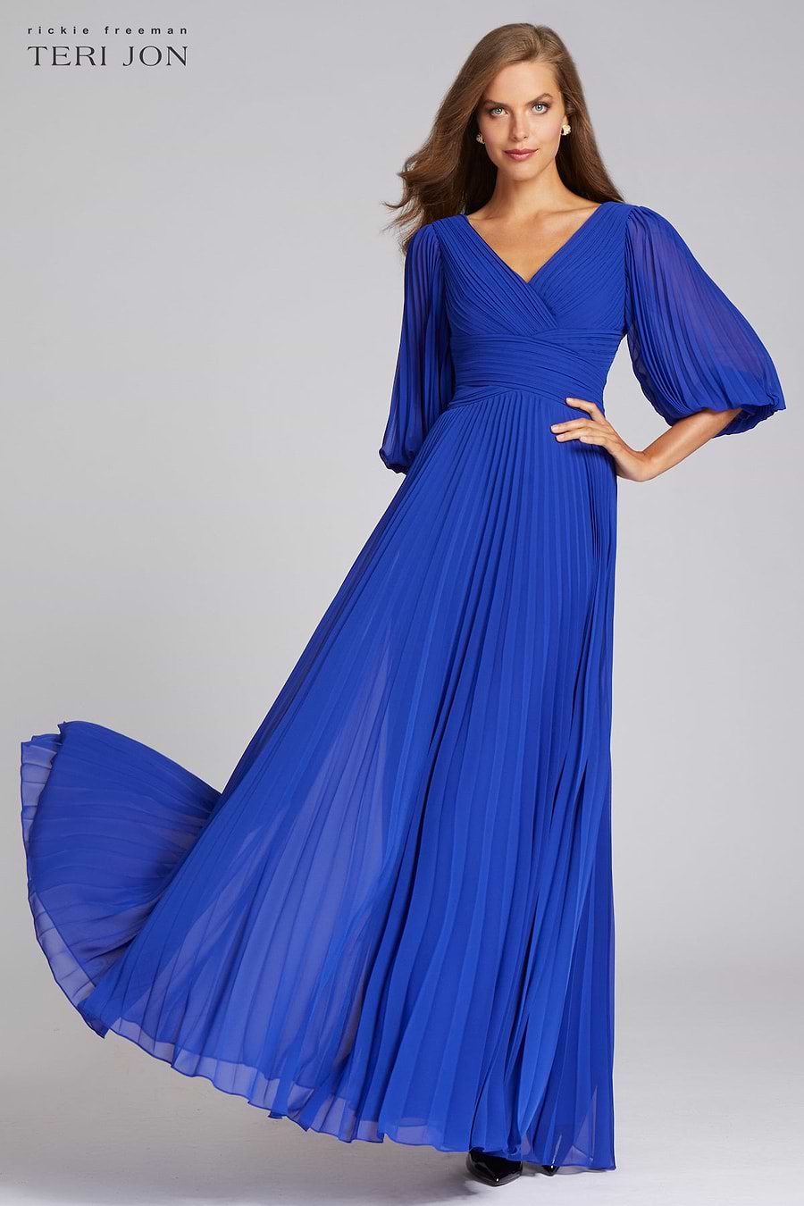 Chiffon Puff Sleeve Pleated V-Neck Gown | Teri Jon Terijon.com Chiffon Puff Sleeve Pleated V-Neck Gown | Teri Jon Terijon.com