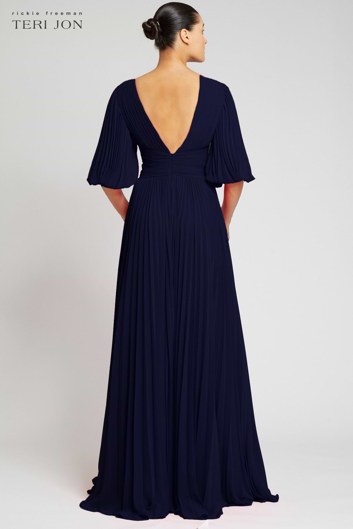 Chiffon Puff Sleeve Pleated V-Neck Gown | Teri Jon Terijon.com Chiffon Puff Sleeve Pleated V-Neck Gown | Teri Jon Terijon.com