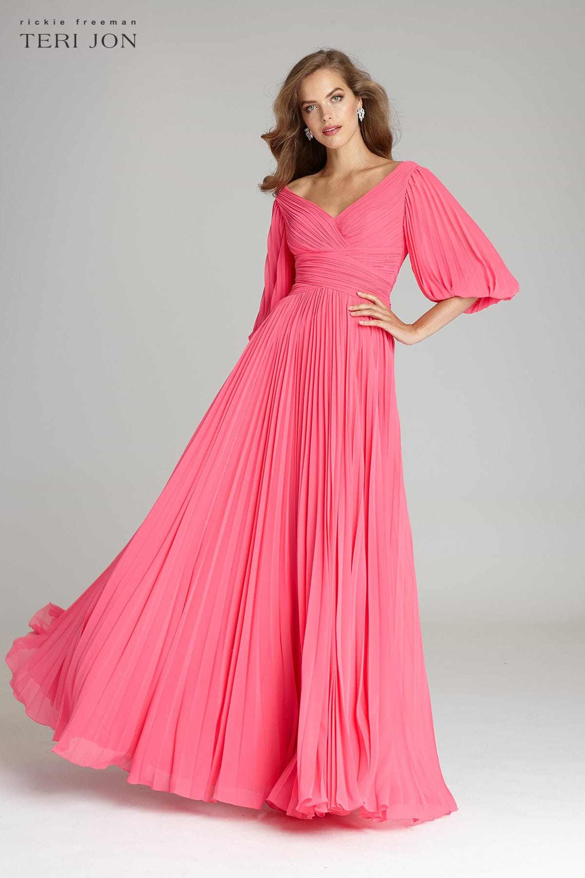 long pink dress with puff sleeves Chiffon Puff Sleeve Pleated V-Neck Gown