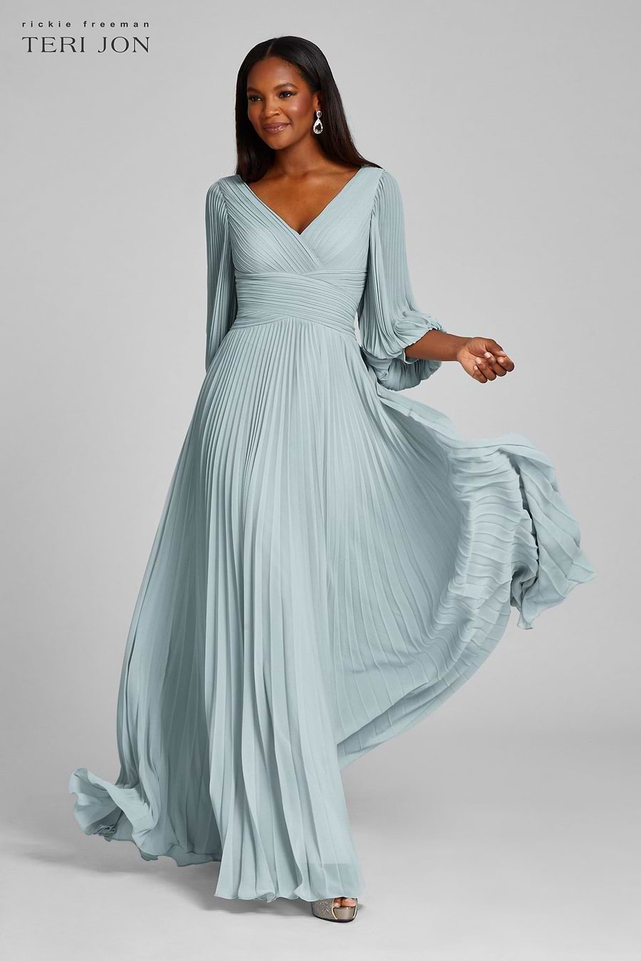 Chiffon Puff Sleeve Pleated V-Neck Gown