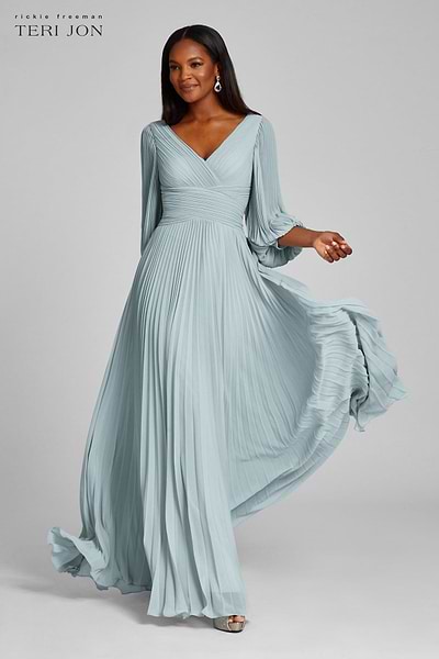 Chiffon Puff Sleeve Pleated V-Neck Gown | Teri Jon Terijon.com Chiffon Puff Sleeve Pleated V-Neck Gown | Teri Jon Terijon.com