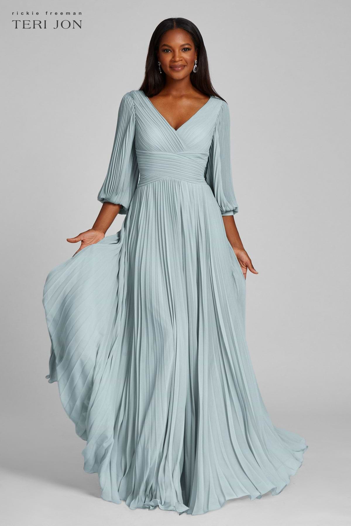 Chiffon Puff Sleeve Pleated V-Neck Gown | Teri Jon Terijon.com Chiffon Puff Sleeve Pleated V-Neck Gown | Teri Jon Terijon.com