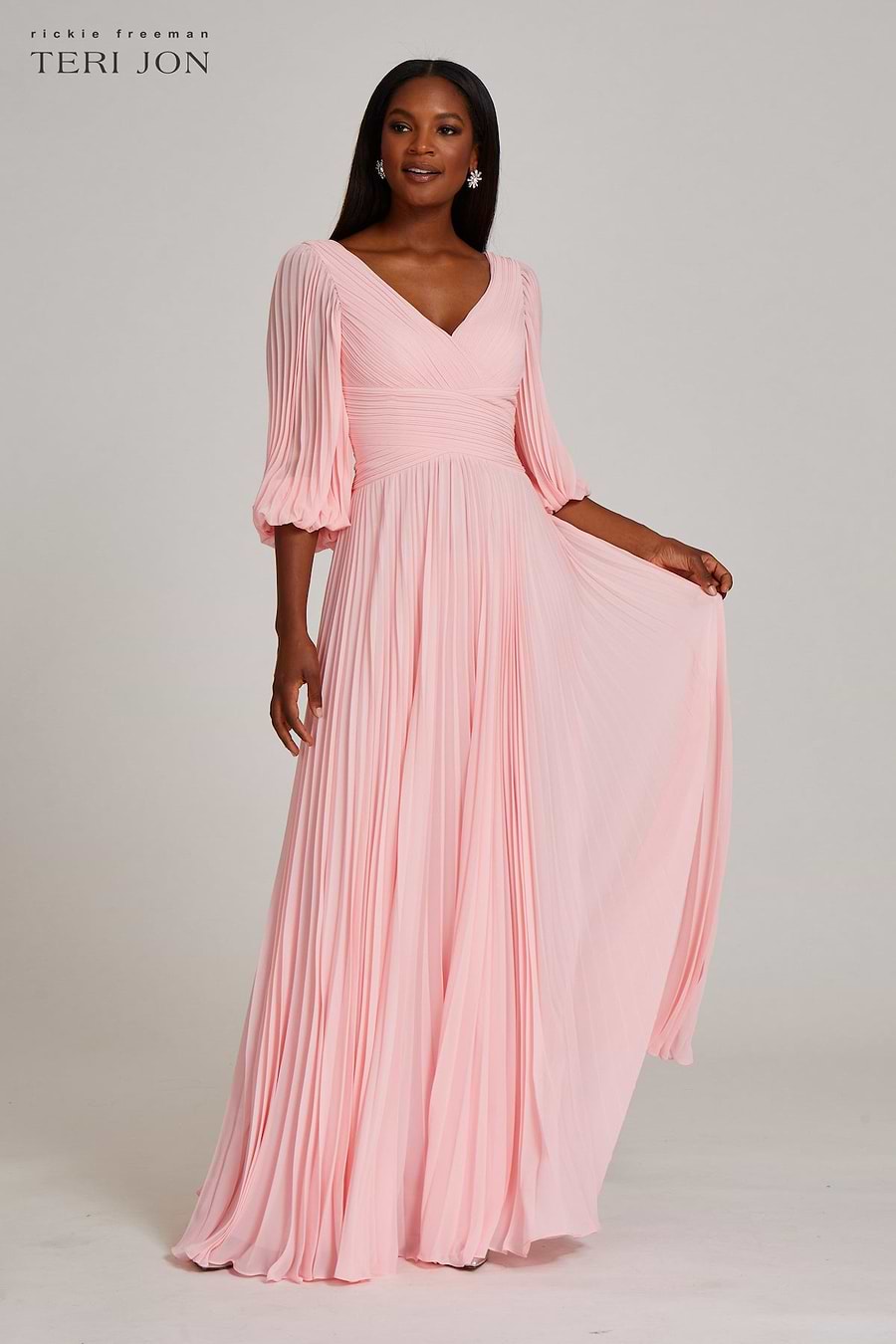 teri jon pleated chiffon dress Teri Jon Chiffon Pleated V Neck Gown - Black