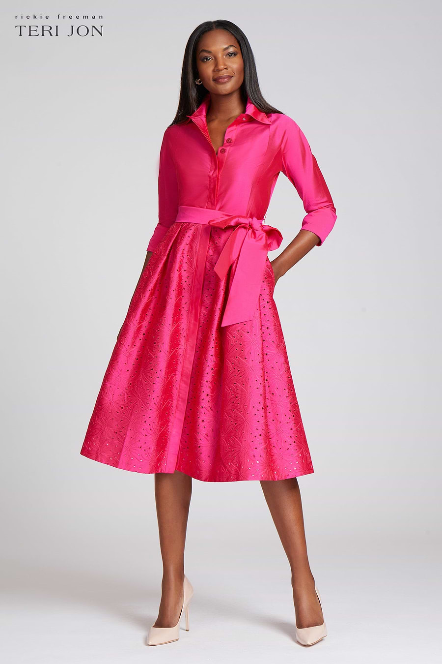 shirt and skirt dress Teri Jon Embroidered Sash Belt Shirt Dress - Hot Pink