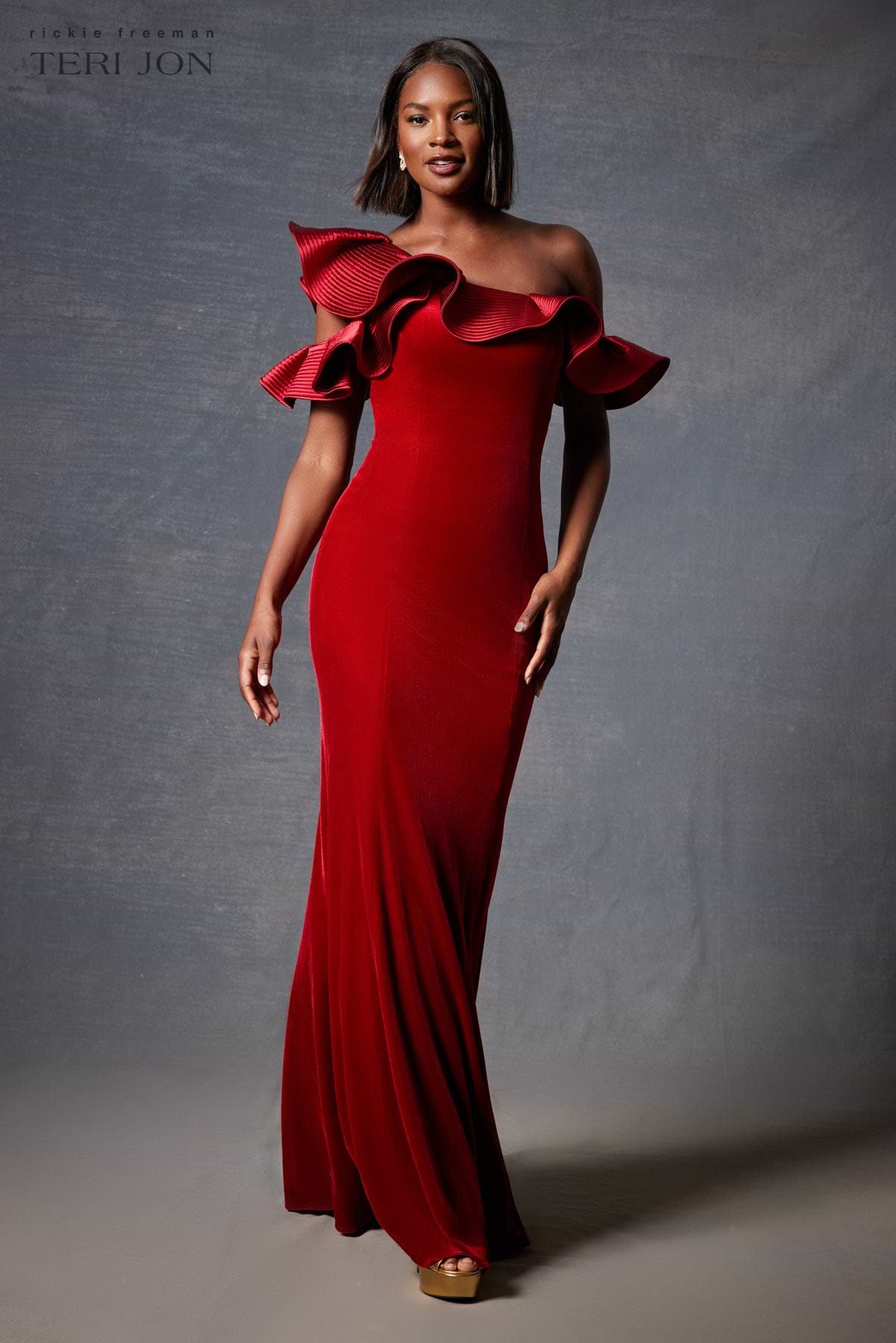 Velvet Ruffle Asymmetrical Gown  Terijon.com
