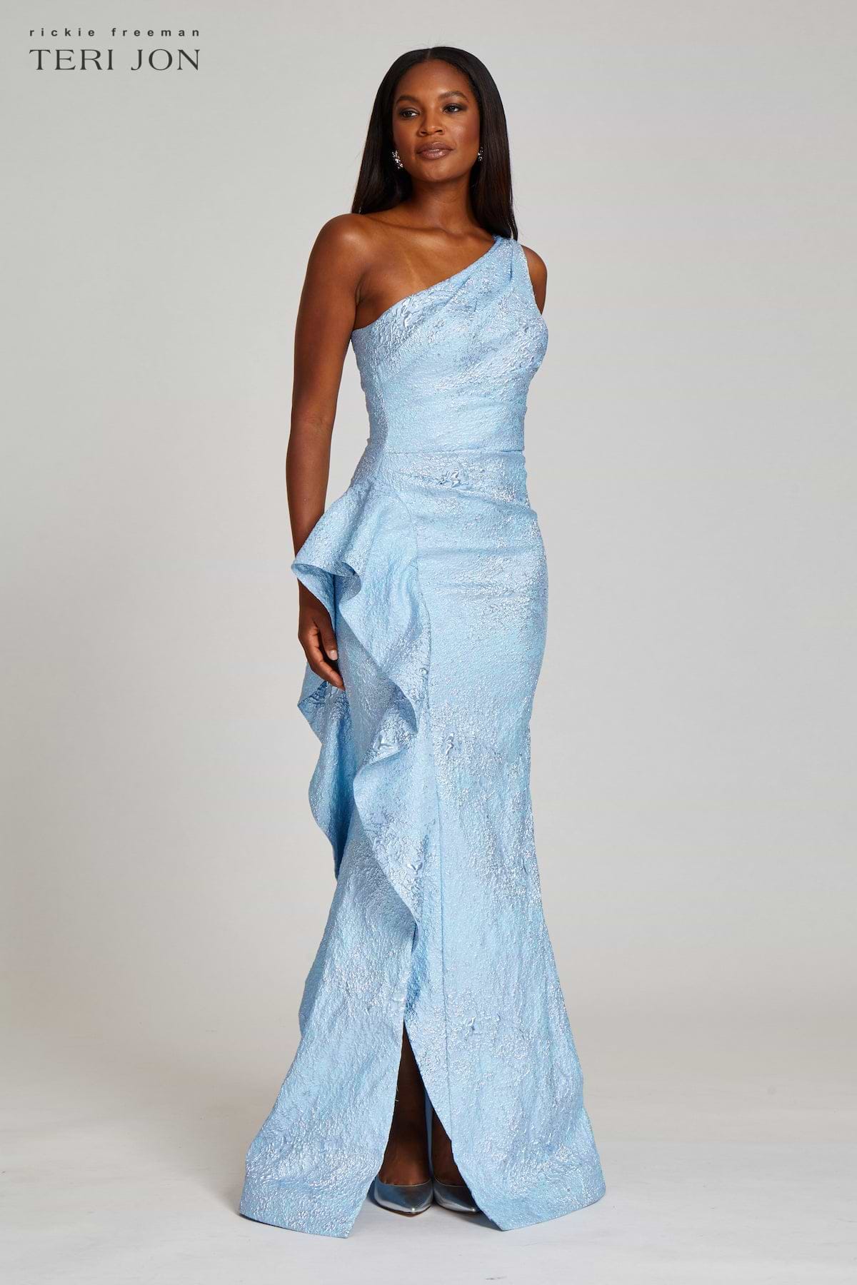 Rickie Freeman for Teri Jon One-Shoulder Jacquard Gown - Pow Blue Rickie Freeman for Teri Jon One-Shoulder Jacquard Gown - Pow Blue