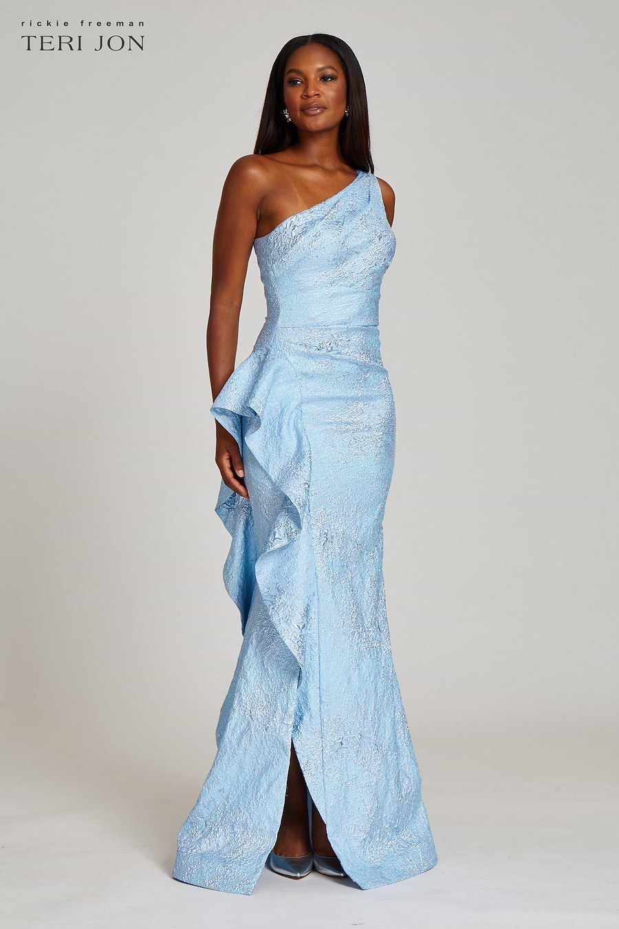 Rickie Freeman For Teri Jon One-Shoulder Jacquard Gown - Pow Blue Rickie Freeman For Teri Jon One-Shoulder Jacquard Gown - Pow Blue