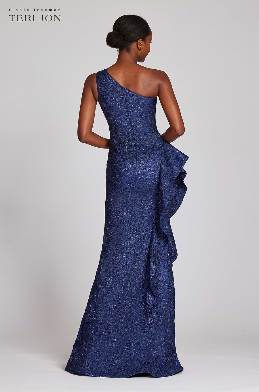 Teri Jon Metallic Jacquard One Shoulder Gown - Black Blue - 4 Teri Jon Metallic Jacquard One Shoulder Gown - Black Blue - 4