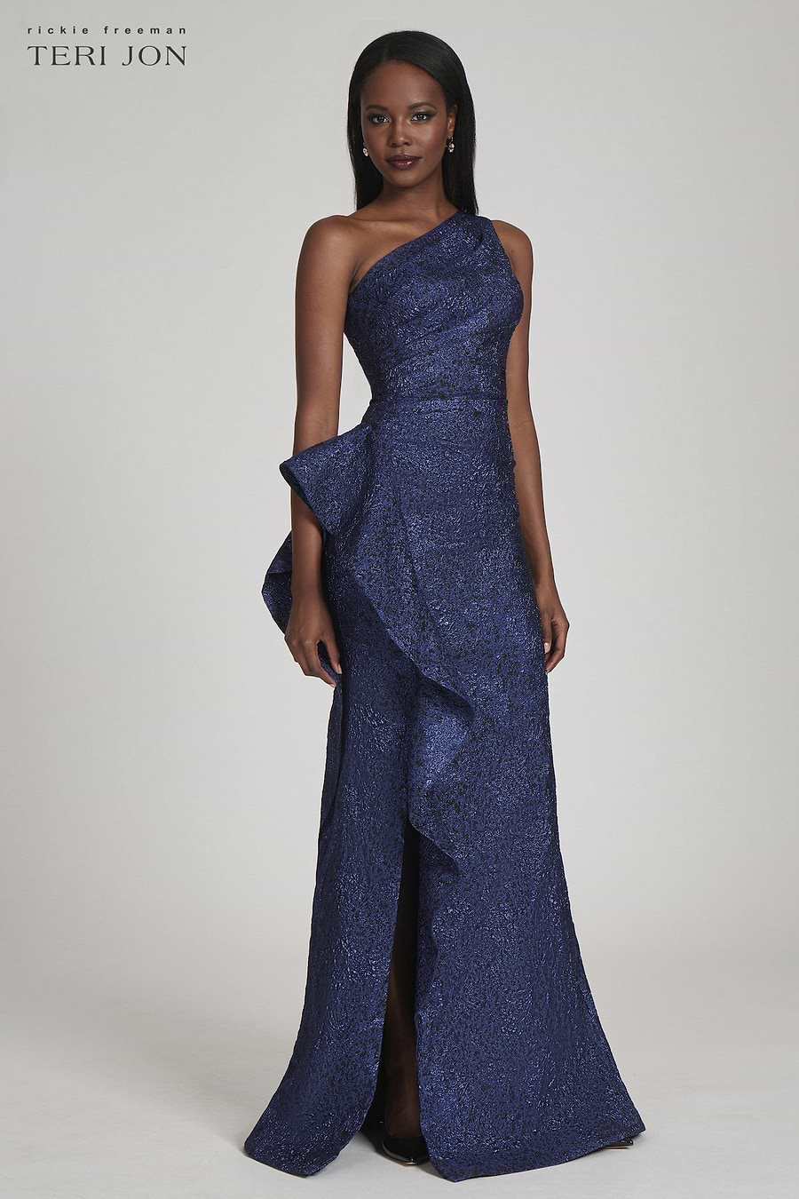 Teri Jon Metallic Jacquard One Shoulder Gown - Black Blue - 4 Teri Jon Metallic Jacquard One Shoulder Gown - Black Blue - 4