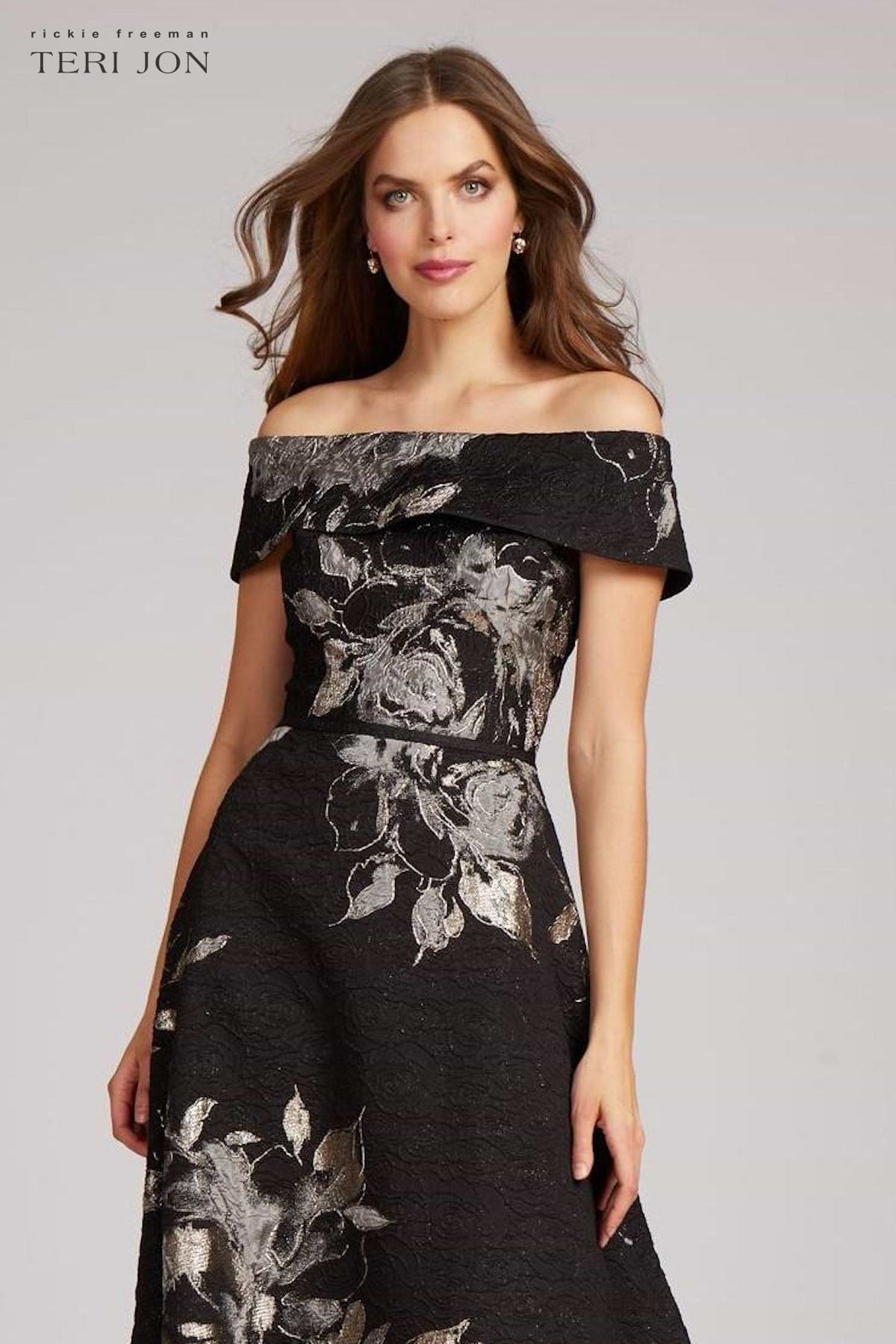 Large Floral Pattern Jacquard Off the Shoulder Gown  Terijon.com