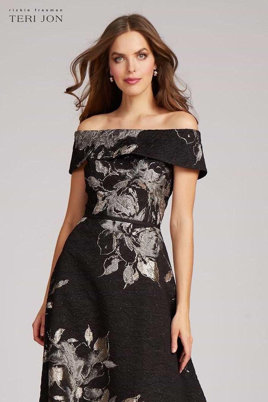 Large Floral Pattern Jacquard Off the Shoulder Gown Terijon.com Large Floral Pattern Jacquard Off the Shoulder Gown Terijon.com