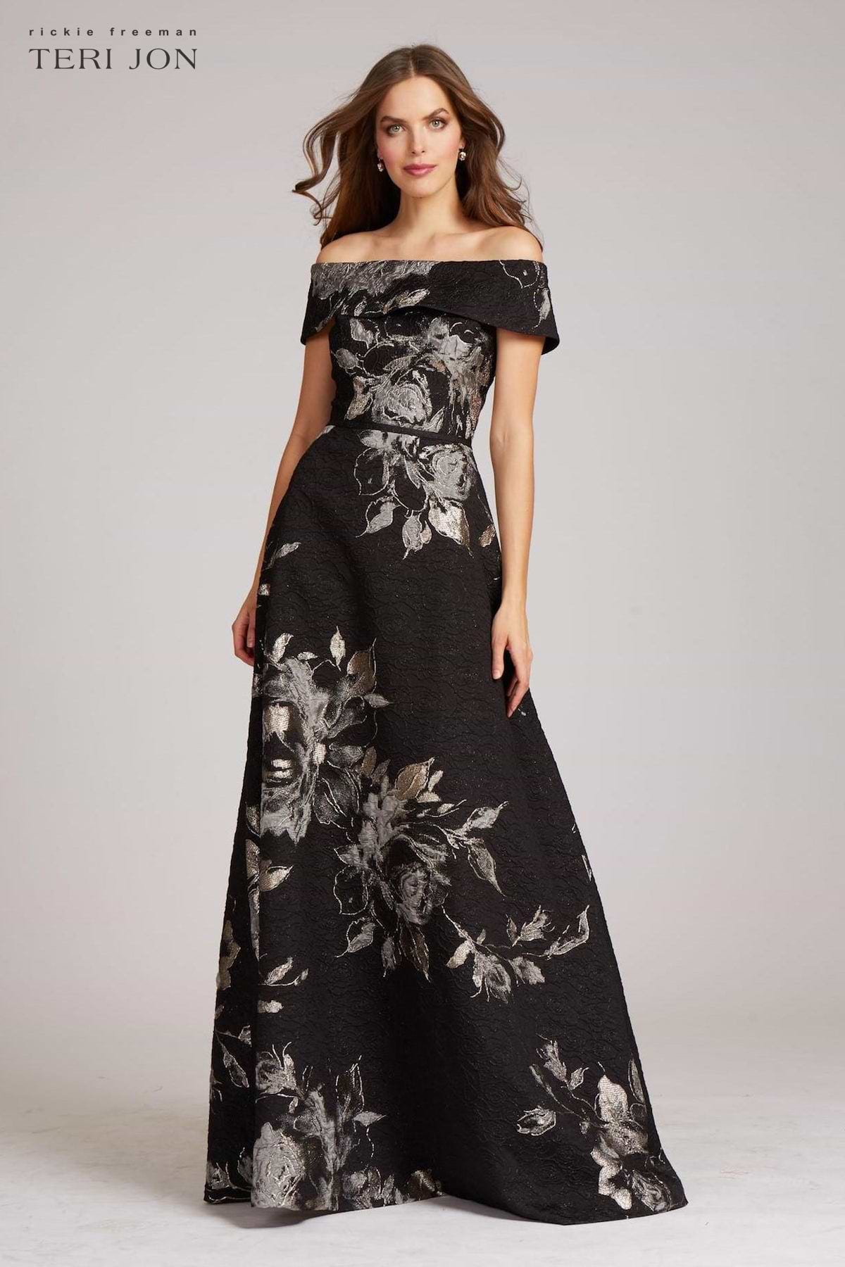 black off the shoulder dress with flowers Teri Jon By Rickie Freeman Women's Floral Off-The-Shoulder Gown - Black Metallic