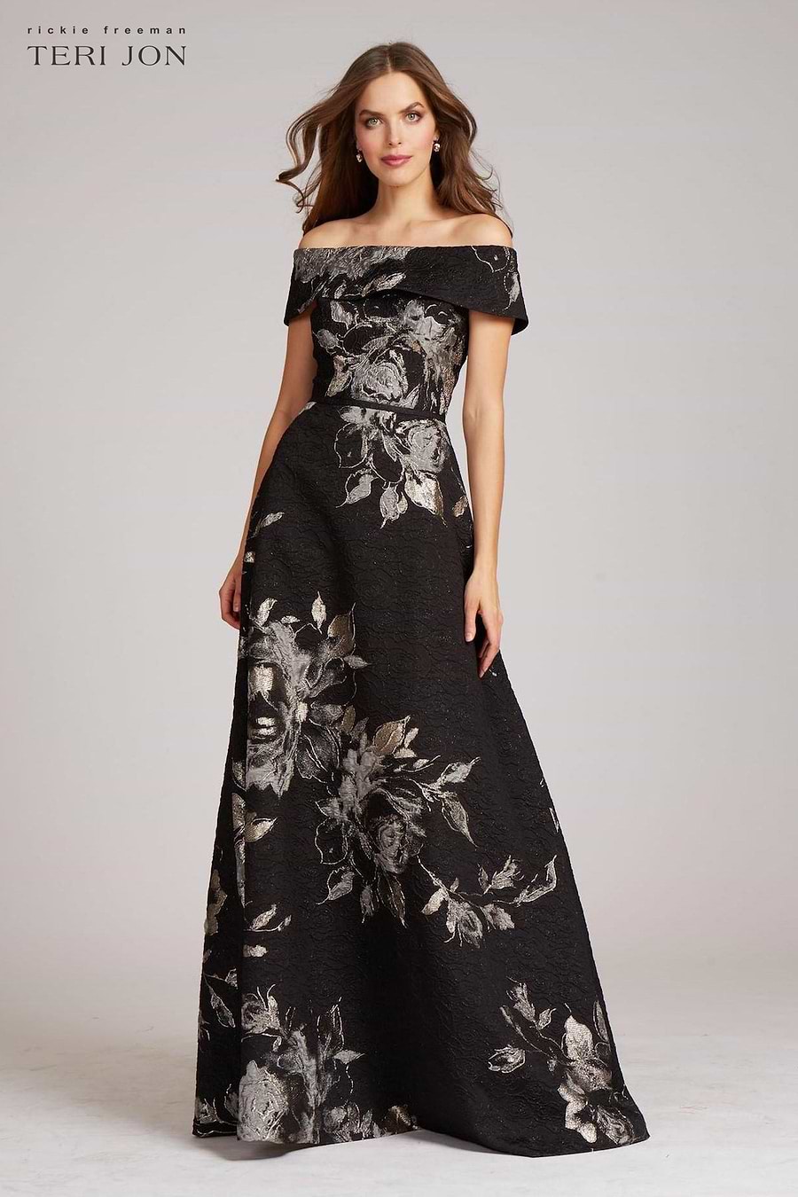 Large Floral Pattern Jacquard Off the Shoulder Gown Terijon.com Large Floral Pattern Jacquard Off the Shoulder Gown Terijon.com
