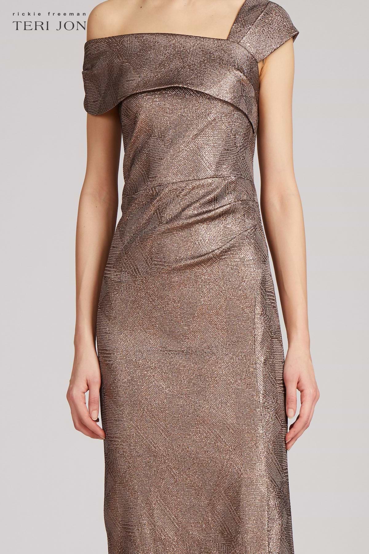 Metallic Jacquard Asymmetrical Shoulder Gown – Terijon.com