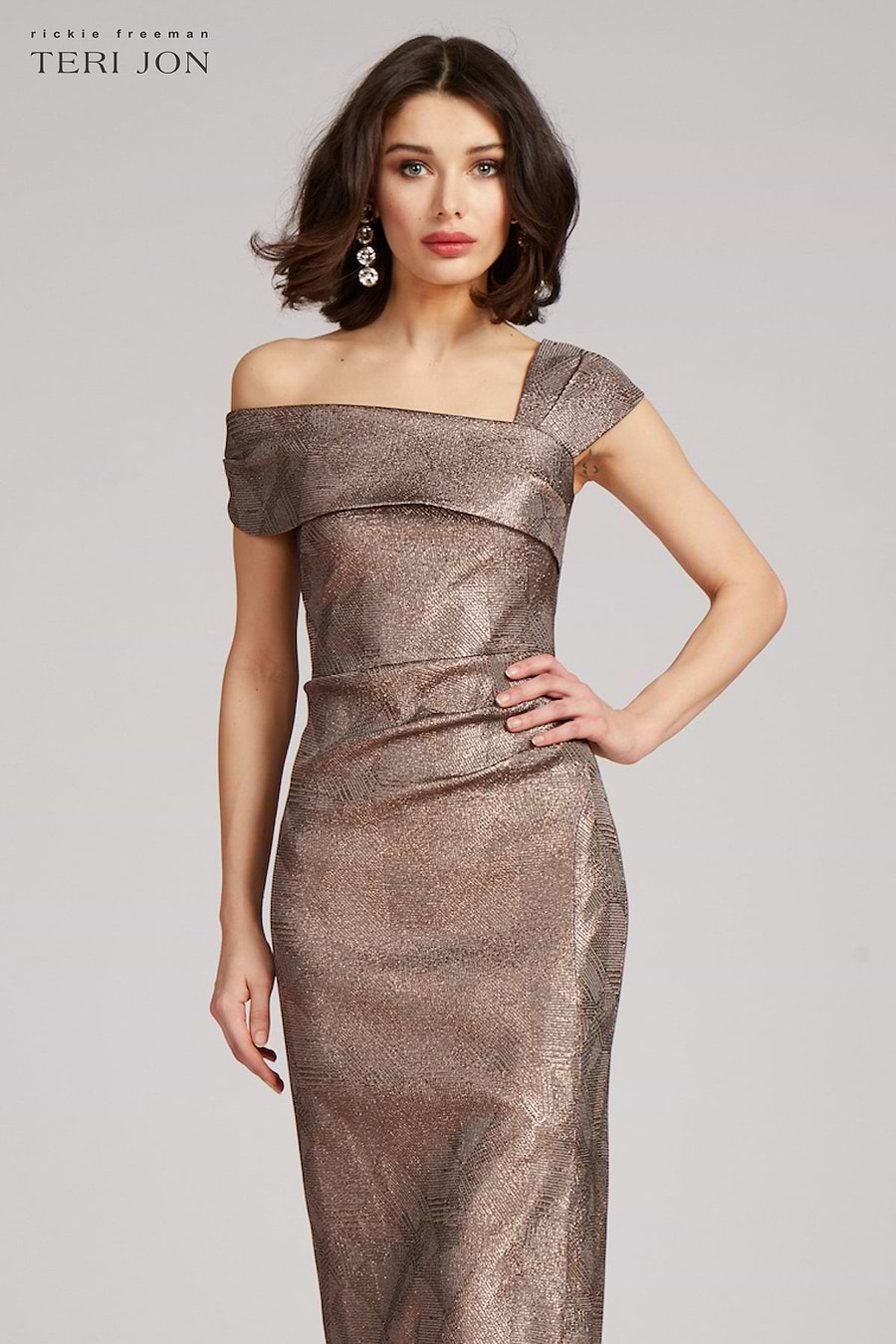 Metallic Jacquard Asymmetrical Shoulder Gown Terijon.com Metallic Jacquard Asymmetrical Shoulder Gown Terijon.com
