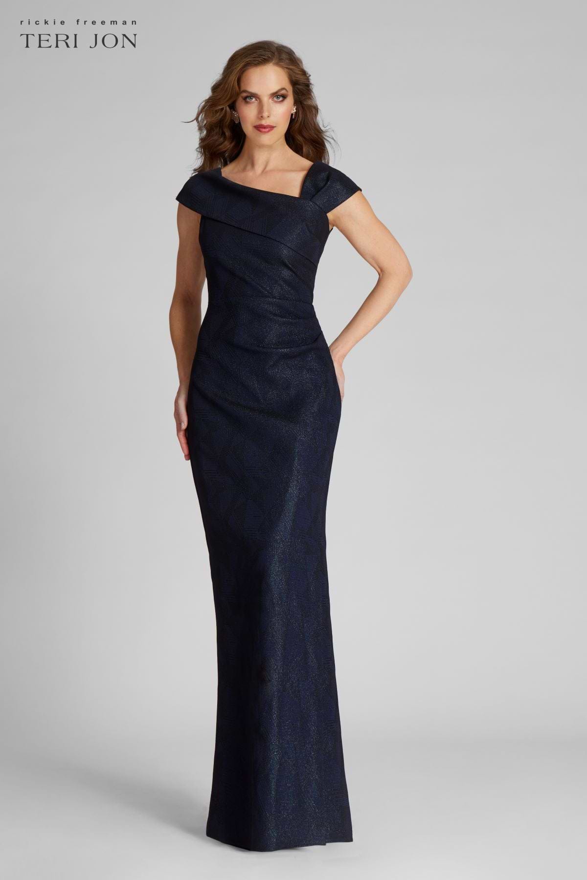 teri jon asymmetrical dress Teri Jon Jacquard Asymmetrical Off The Shoulder Side Bow Godet Gown Size 12 main image 1