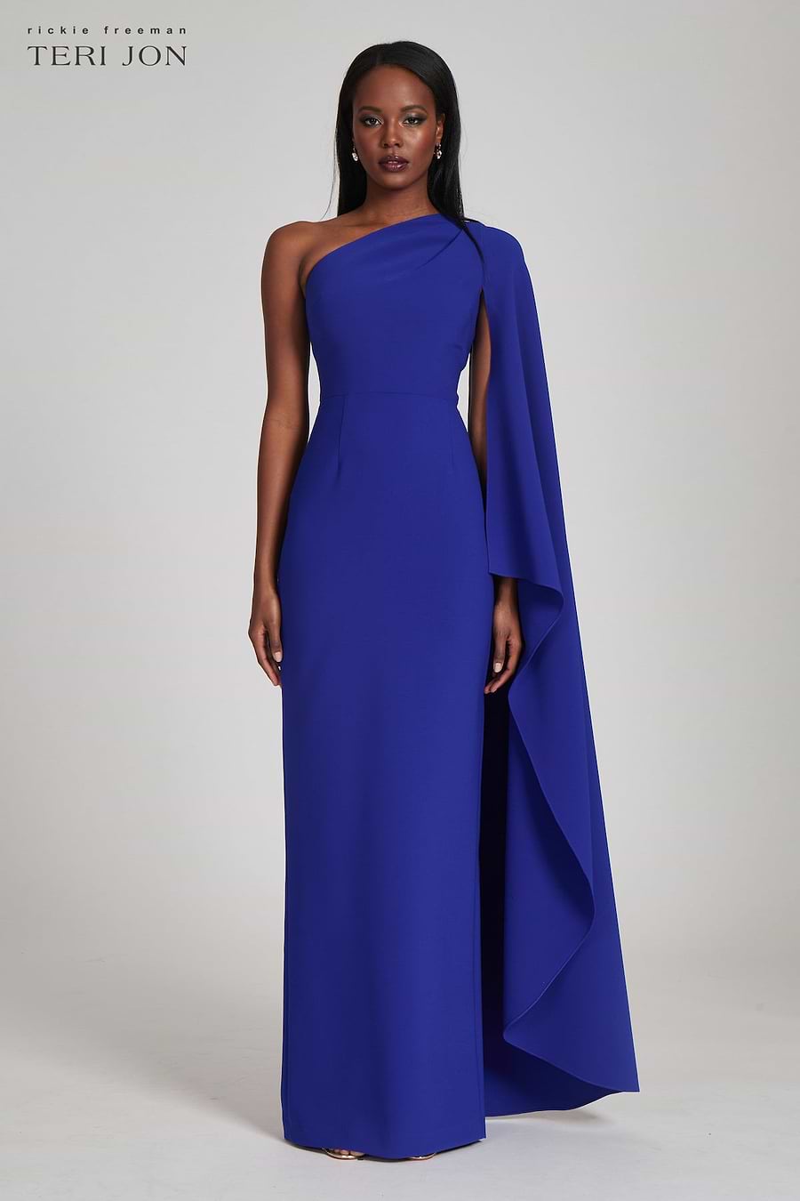 Stretch Crepe Cape One Shoulder Sleeve Gown Stretch Crepe Cape One Shoulder Sleeve Gown
