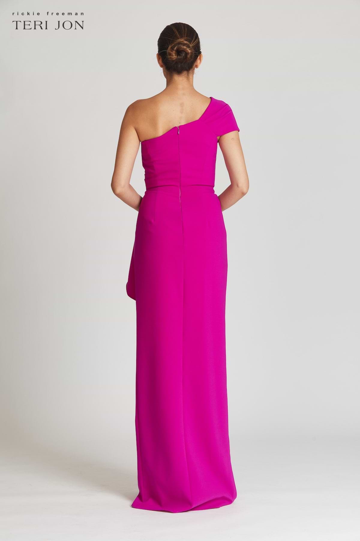 teri jon hot pink dress Rickie Freeman Teri Jon Hot Pink Metallic Jacquard One Shoulder Gown Size 8 NWT