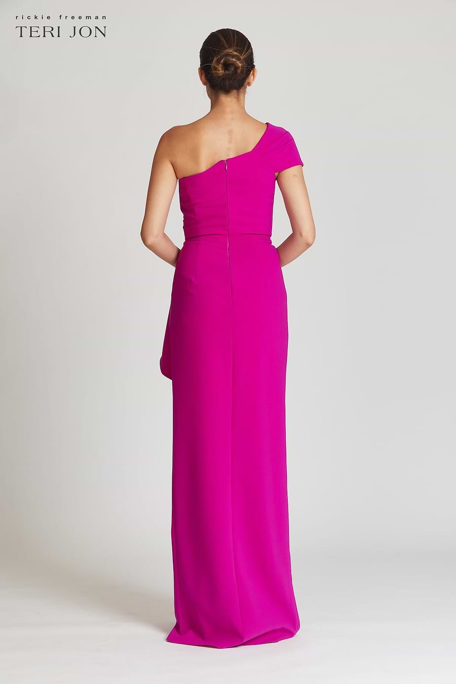 Teri Jon One Shoulder Side Drape Gown - Hot Pink