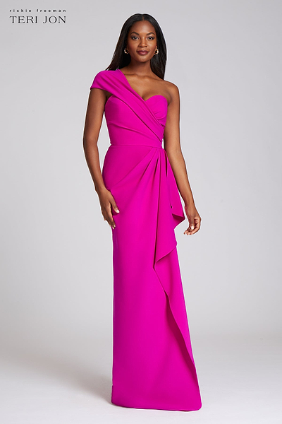 ruched one-shoulder stretch crepe dress Teri Jon One Shoulder Side Drape Gown - Hot Pink